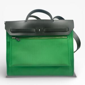 Herbag Zip 31 Green Canvas Black Leather Shoulder Bag w/ Pouch